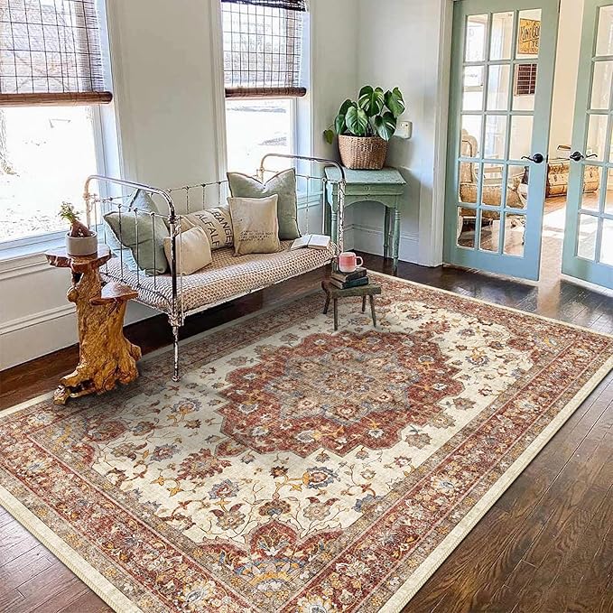 TOPRUUG Washable Oriental Area Rug - 5x8 Rugs for Living Room Soft Carpet for Bedroom Waterproof Floral Distressed Indoor Stain Resistant Non-Shedding Floor Carpets (Red, 5x8)