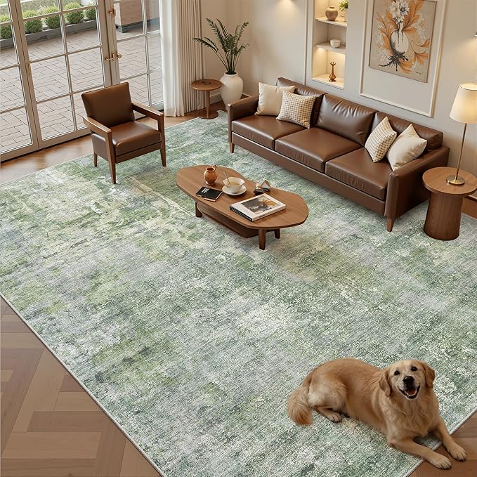 Soalmost Washable Area Rug 8x12, Large Soft Rugs for Living Room Vintage Green/Ivory Carpet 8x12 Area Rugs for Bedroom Dining Room Non-Slip Stain Resistant Under Table Rug