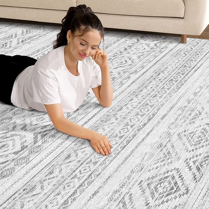 cotiled 7x9 Area Rug Living Room: Washable Boho Rugs with Non Slip Backing Large Soft Indoor Stain Resistant Carpet for Bedroom Farmhouse Dining Room Lightweight Home Decor Light Grey