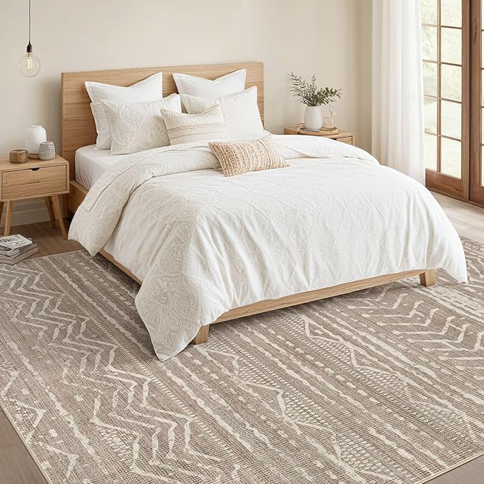Nakagishi 8x11 Area Rugs Living Room: Washable Boho Large Neutral Soft Farmhouse Area Rugs Stain Resistant Modern Non-Slip Indoor Floor Carpet for Bedroom Nursery Kids Playroom Office-Dark Brown