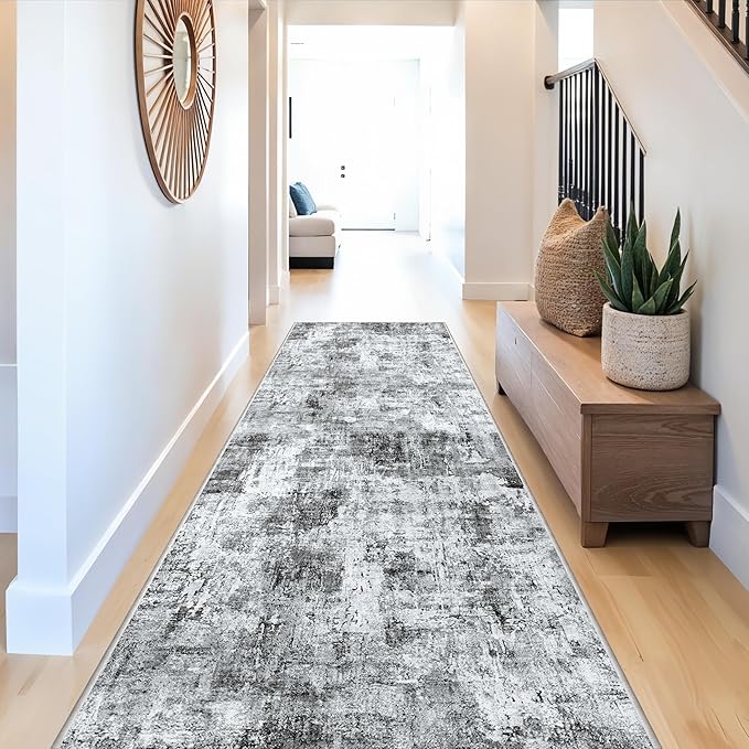 3x10 Ft Long Runner Rug for Hallway and Kitchen – Non-Slip Washable Floor Runner for Indoor Entryway, Bedroom, Living Room,Modern Abstract Low-Pile Thin Carpet (Grey)