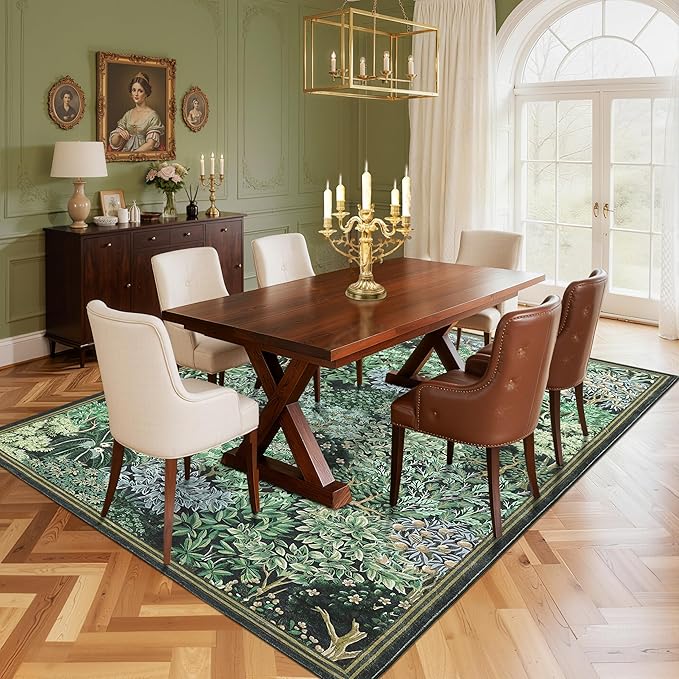 GarveeHome Forest Rug 9x12 Washable Area Rugs for Living Room, Botanical Low Pile Non Slip Stain Resistance Large Woodland Carpet for Office Dining Room Bedroom Farmhouse, Blue Green