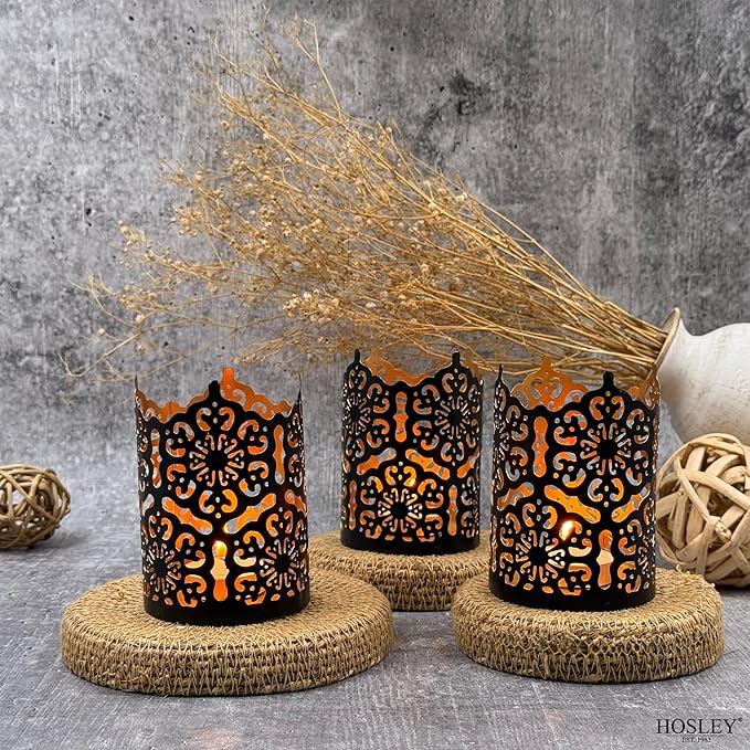 Hosley Set of 3 Black Metal Candle Holders 4 Inch High - Lattice Cut Lanterns for Table Centerpiece, Wedding, Home Decor, Indoor Outdoor