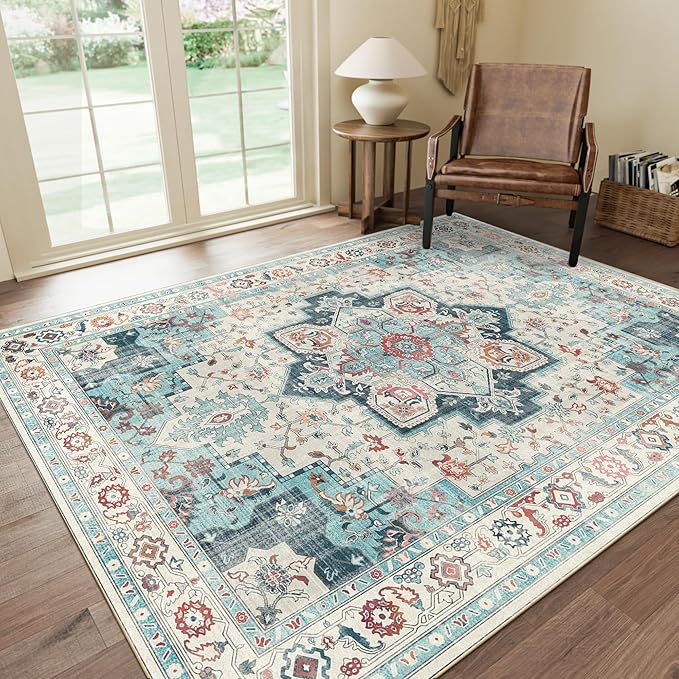 GENIMO 8x10 Area Rugs for Living Room, Machine Washable Non Slip Rugs, Low Pile Lightweight Vintage Print Rug for Bedroom, Dining Room, Home Office, Turquoise & White