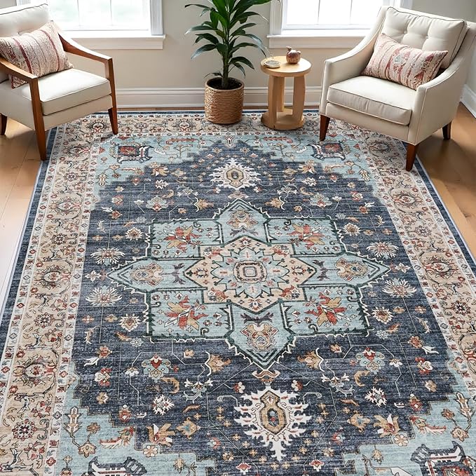 TOPRUUG Washable Oriental Area Rug - 7x9 Rugs for Living Room Soft Carpet for Bedroom Waterproof Floral Distressed Indoor Stain Resistant Non-Shedding Floor Carpets (Blue/Teal/Orange, 7x9)