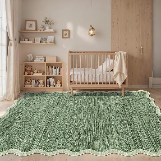 GarveeHome Scalloped Washable Area Rug 6x9 Rug for Living Room Modern Rug Non Slip Throw Rugs Large Rugs for Bedroom Low Pile Non Shedding Stain Resistant Carpet for Dining Room 6'x9' Green