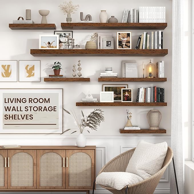 Venusmiles Floating Shelves for Wall 48 inch Long, Engineered Wood Wall Shelves with Invisible Brackets for Living Room Bedroom Bathroom Office Kitchen Decor and Storage, Rustic Brown, Set of 2