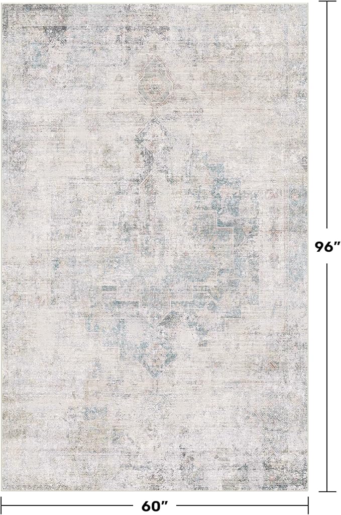Hazo Haus Blue Abstract Rug for Dining Room - 5x8 Modern Area Rug for Home Office, Foyer, Bedroom, Low Pile & Lightweight
