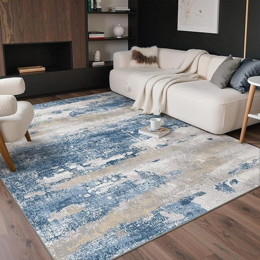 GENIMO No Crease Non Slip 8x10 Area Rugs for Living Room, Craft Woven Modern Rug, Soft Floor Carpet, Single-Piece Rugs for Bedroom, Dining Room, Office, Blue