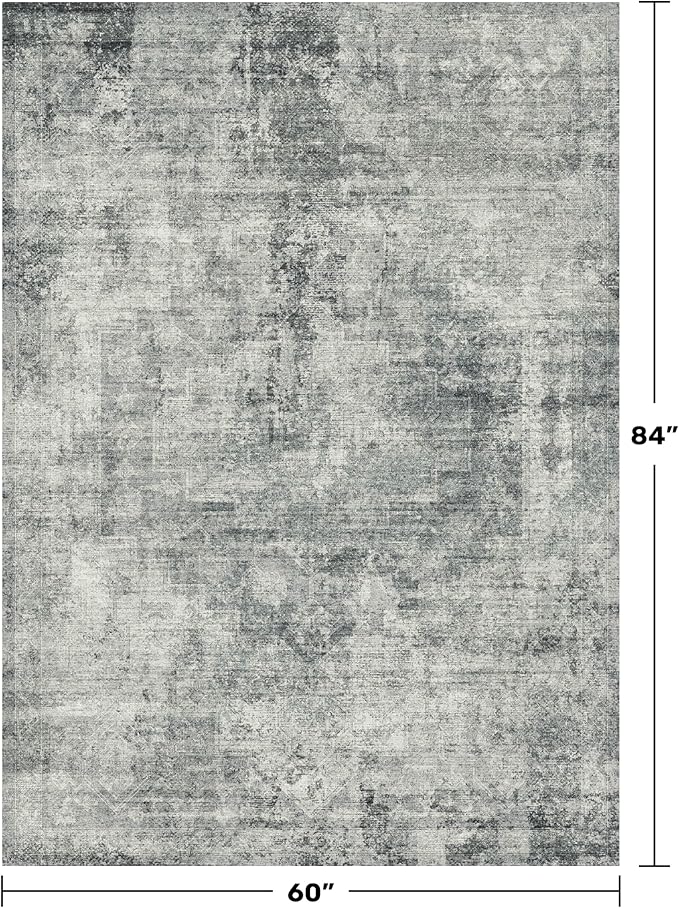 Hazo Haus Blue and Grey Abstract 5x7 Living Room Rug, Washable Area Rug with Non-Slip Backing, Soft Low Pile Rug for Bedroom & Office, Modern Medallion Design