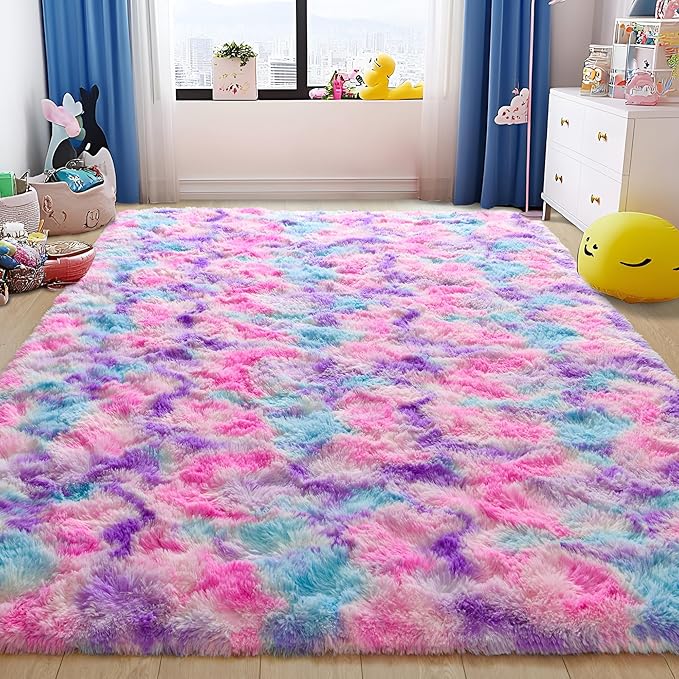 Tepook Soft Rainbow Rug 8x10 for Girls Room, Cute Fluffy Girls Bedroom Area Rug, Shaggy Princess Rug Colorful Carpet for Kids Teens Toddler Playroom Nursery Reading Nook, Hot Pink