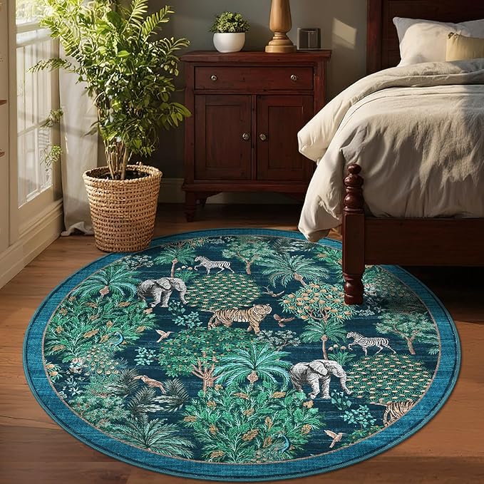 GarveeHome Jungle Round Washable Rugs 6ft Non-Slip Soft Round Rug for Kids Room, Forest Animal Print Tiger Circle Carpet for Bedroom Entryway Playroom Nursery, Blue