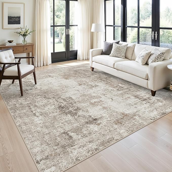 8x8 Square Area Rug Living Room – Non-Slip Washable Large Floor Carpet for Bedroom Dining Room Playroom Room – Modern Abstract Neutral Thin Low-Pile Big Indoor Rug (Beige Grey, 8ft)