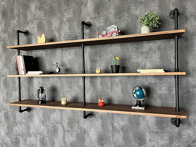 HDDFER Floating Shelves 70 inch Wall Bookshelf Industrial Pipe Shelving Shelves Real Wood Planks Rustic Wall Shelves Hanging Bookshelves Farmhouse Kitchen Bar Shelving