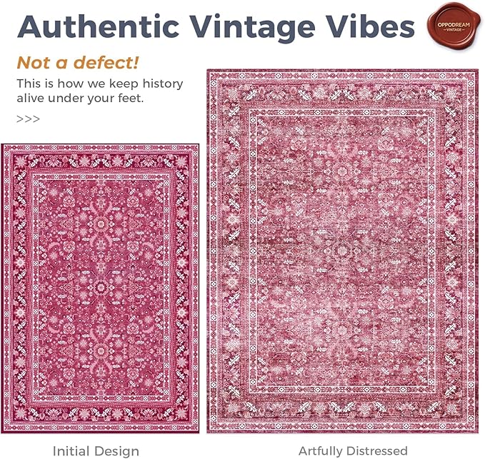 OPPODREAM Vintage Hot Pink Round Rug 8ft, 8 ft Retro Washable Circle Rug Non Slip, Low-Pile Faux Wool Circular Carpet, Distressed Floor Mat for Living Room, Bedroom, Office, Dorm, Dinning Room