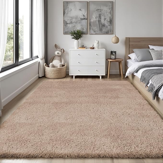 Area Rug for Living Room Bedroom: 5x7 Camel Soft Fluffy Shag Upgrade Non-Slip High Pile Carpet Large Fuzzy Plush Indoor Floor Decor Shaggy Rug for Kid Boys Girls Dorms Playroom Nursery Modern Home