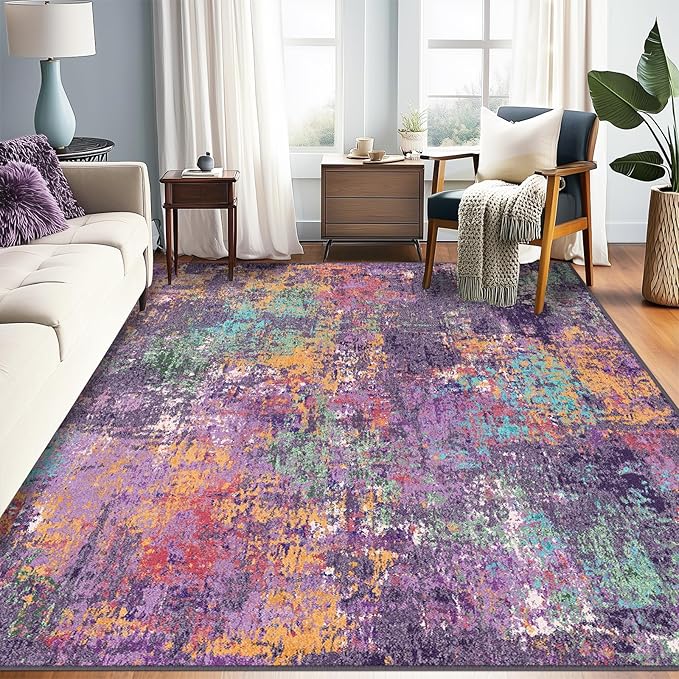 RELEANY Washable Area Rugs 6'x8' Non-Slip Modern Abstract Soft for Living Room Entryway Bedroom Nursery, Print Pattern, Purple Orange Blue Green Rust Red Colorful