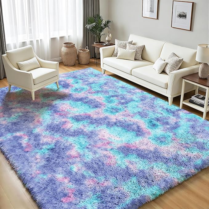 Rainbow Fluffy Rugs for Girls Bedroom: 4x6 Large Shag High Pile Area Rug Upgrade Non-Slip Plush Fuzzy Living Room Rug Shaggy Soft Indoor Floor Carpet Nursery Rugs for Kids Baby Toddler Home Decor