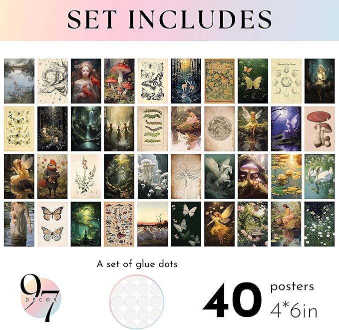 97 Decor Fairycore Room Decor - 40pcs Fairycore Decor Aesthetic Pictures, Cottagecore Wall Art, Goblincore Earthy Wall Art, Vintage Fairy Posters Mushroom Prints for Dorm Bedroom (4"x6")