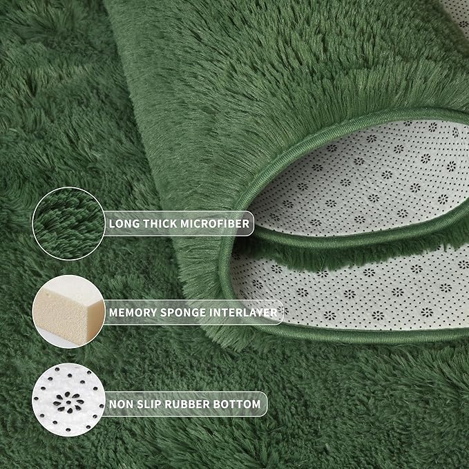 Tepook Fluffy Large Rugs for Living Room, 8x10 Area Rugs for Bedroom, Modern Shag Fuzzy Carpets for Kids Boys Girls, Plush Indoor Nursery Home Decor Rug with Non-Slip Bottom, Dark Green