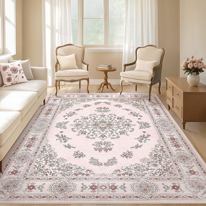 Nakagishi 10x14 Area Rugs Living Room: Washable Boho Large Neutral Modern Soft Farmhouse Rug Stain Resistant Indoor Non-Slip Carpet for Bedroom Girls Nursery Kids Playroom Dorm Preppy Baby Room- Pink