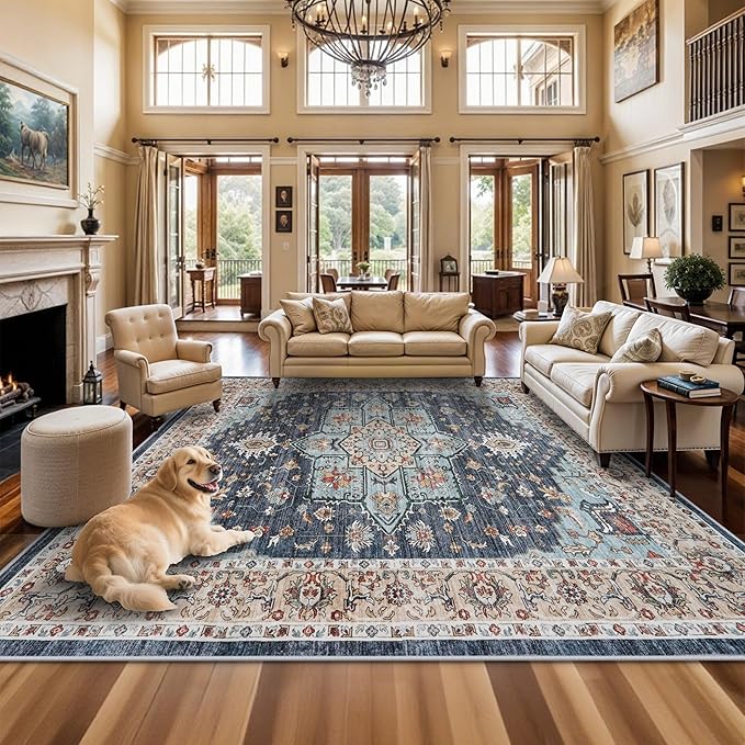 TOPRUUG Washable Oriental Area Rug - 12x12 Rugs for Living Room Soft Carpet for Bedroom Waterproof Floral Distressed Indoor Stain Resistant Non-Shedding Floor Carpets (Blue/Teal/Orange, 12x12)