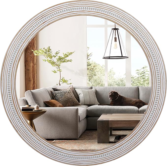 Reflinto 30 Inch Rustic Farmhouse Wooden Round Mirrors for Wall Decor, Boho Circle Decorative Mirror for Bathroom Over Sink, Living Room, Foyer, Entryway, Hallway