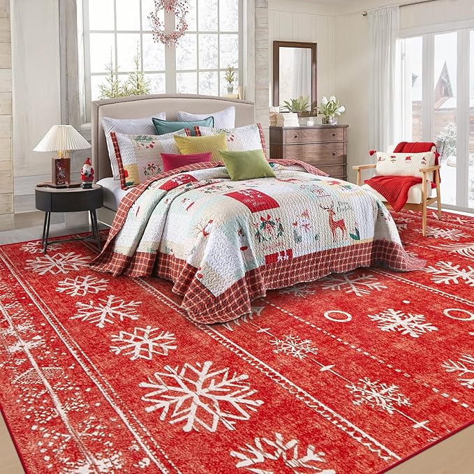 XLUEZ Christmas Area Rug 8x10 Living Room Rugs, Machine Washable Boho Christmas Tree Snowflake Rug Non-Slip Soft Low Pile Holiday Indoor Rugs for Bedroom Kitchen Dining Room Office(Xmas Red, 8'x10')