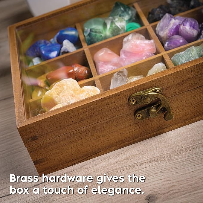 Curawood Rock Display Case - 8" x 8" Rock Collection Box for Kids & Adults - Crystal Holder for Stones Display Shelf with 9 Compartments & Acrylic Lid - Gemstone & Crystal Storage Box Organizer