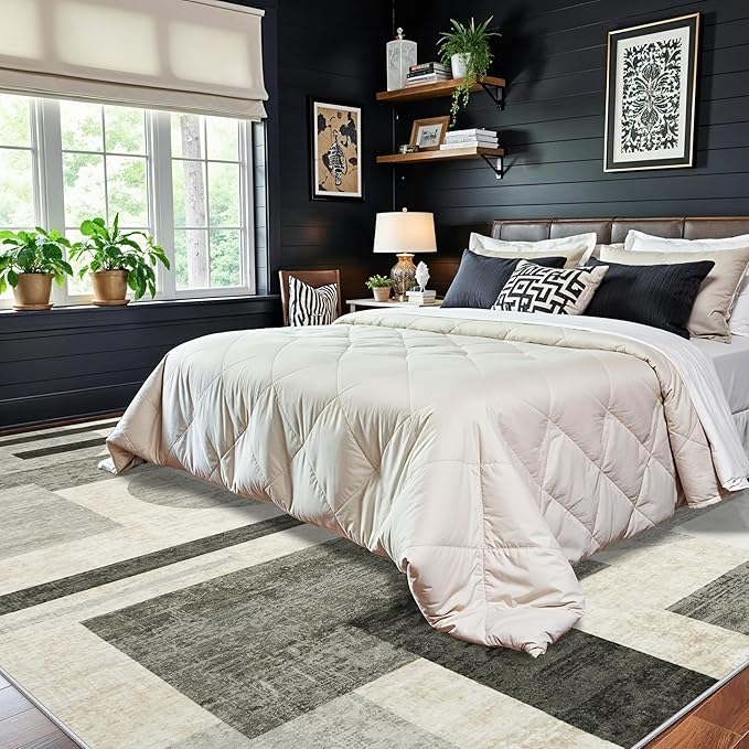 Modern Rug for Living Room 8x10: Geometric Soft Low Pile Carpet for Bedroom Washable Dining Room Rugs for Under Table Non-Slip Stain Resistance Area Rug for Pet Owner (Beige/Olive Green/Gray, 8x10)