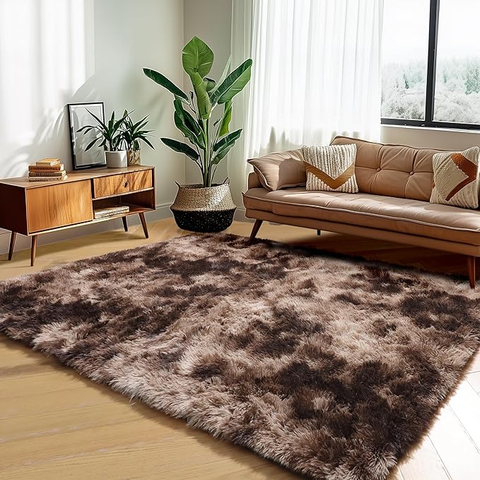 Amdrebio Tie-Dyed Brown Rugs for Bedroom Living Room, 8x10 Large Fluffy Shaggy Plush Area Rugs for Kids Room Decor Aesthetic, Modern Cool Fuzzy Furry Carpet for Classroom Playroom Preppy Dorm Nursery