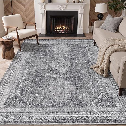 GENIMO 6x9 Area Rugs for Living Room, Machine Washable Non Slip Rugs, Low Pile Lightweight Print Rug for Bedroom, Dining Room, Home Office, Vintage Grey