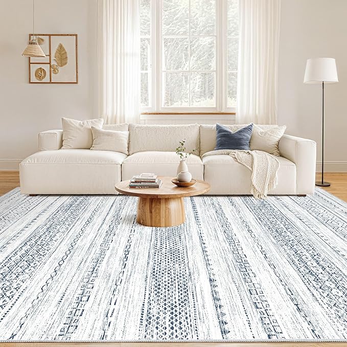 Nakagishi 9x12 Area Rugs Living Room: Washable Boho Large Neutral Soft Farmhouse Rug Stain Resistant Modern Indoor Floor Non-Slip Carpet for Bedroom Nursery Kids Playroom Office Dining Dorm-White Blue