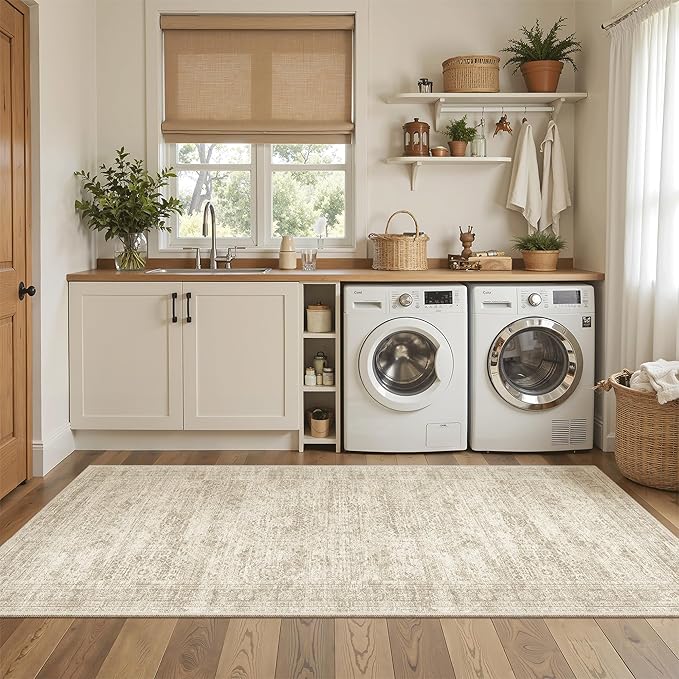 Soalmost Runner Rug 3x6 Washable Non-Slip Kitchen Runner Rugs for Bathroom Laundry Room Beige Vintage Floor Carpet Runners for Hallway Entryway