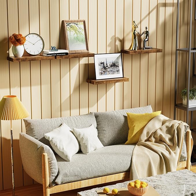 Bellsal Floating Shelves for Wall, Rustic Brown Wood Wall Shelf Set of 4, 16" Walls Mounted Floating Shelf for Kitchen, Living Room, Bedroom, Bathroom Storage, Book Shelf for Walls Home Decor