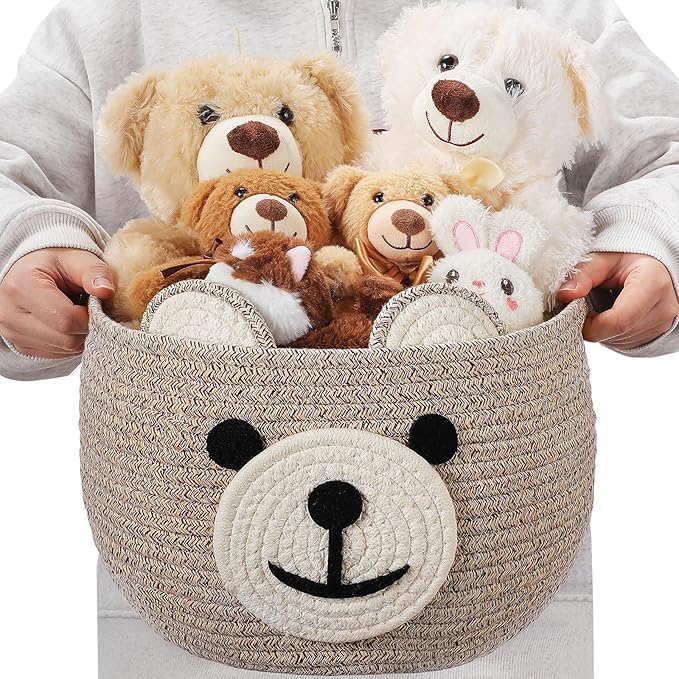 Zopeal Easter Bear Basket 13" D x 9.5" H for Nursery Cotton Rope Woven Bear Gift Empty Storage Basket with Handles Animal Hamper for Baby Shower Laundry Bathroom Home Decorative