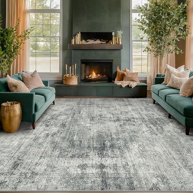 Hazo Haus Farmhouse Gray and Blue Rugs for Living Room 8x10 - Modern Cool Unique Area Rug for Dining Room, Large Bedroom, Washable Foldable Dark Academy Décor