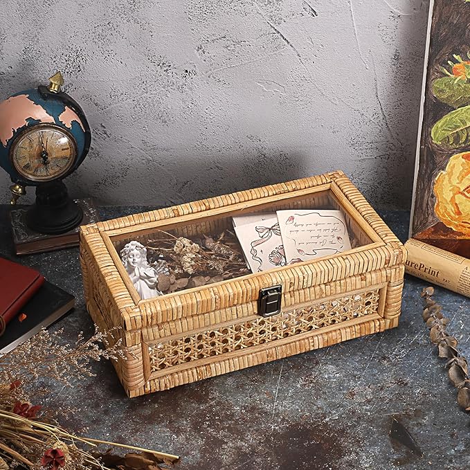 Hipiwe Rattan Decorative Box with Clear Lid and Lock - Natural Woven Wicker Basket Bin Rectangular Basket Organizer Vintage Wood and Cane Display Boxes for Shelves Home Storage and Decor
