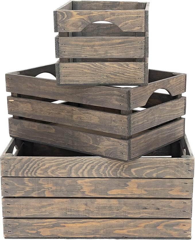 Rustic Wood Crates for vintage decorative display, Nesting Crate set for storage and farmhouse style decor, wooden boxes made from 100% Wood (Weathered Grey, Nested Set of 3)
