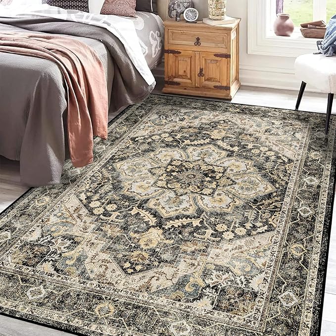 TOPRUUG Washable Oriental Area Rug - 5x8 Rugs for Living Room Soft Carpet for Bedroom Waterproof Floral Distressed Indoor Stain Resistant Non-Shedding Floor Carpets (Black/Grey, 5x8)