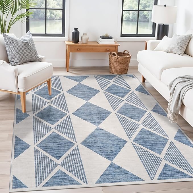 TOPRUUG Area Rug 5x6 Washable: Geometric Non-Slip Low Pile Rugs for Living Room Large Kitchen Bedroom Office - Ultra Soft Modern Aesthetic Home Decor (Blue White, 5X6)