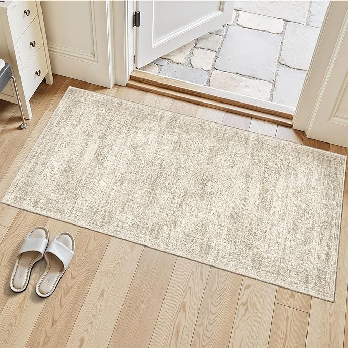 Soalmost 2x4 Washable Rugs for Kitchen, Floor, Entryway, Powder Room Small Area Rug Non-Slip Vintage Low Pile Throw Door Mat Beige