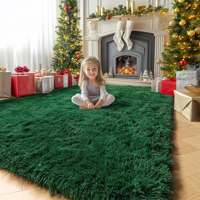 Amdrebio Dark Green Large Living Room Rug 6x9, Fluffy Area Rugs for Bedroom, Soft Fuzzy Shag Rug for Kids Playroom Dorm, Thick Big Modern Rugs for Living Room Decor, Plush Cool Emerald Green Carpet