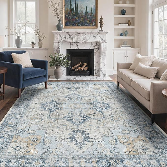 GENIMO 10x14 Area Rugs for Living Room, Machine Washable Rug, Non Slip Vintage Rugs, Low Pile Lightweight Chenille Print Rug for Bedroom, Dining Room, Home Office, Blue