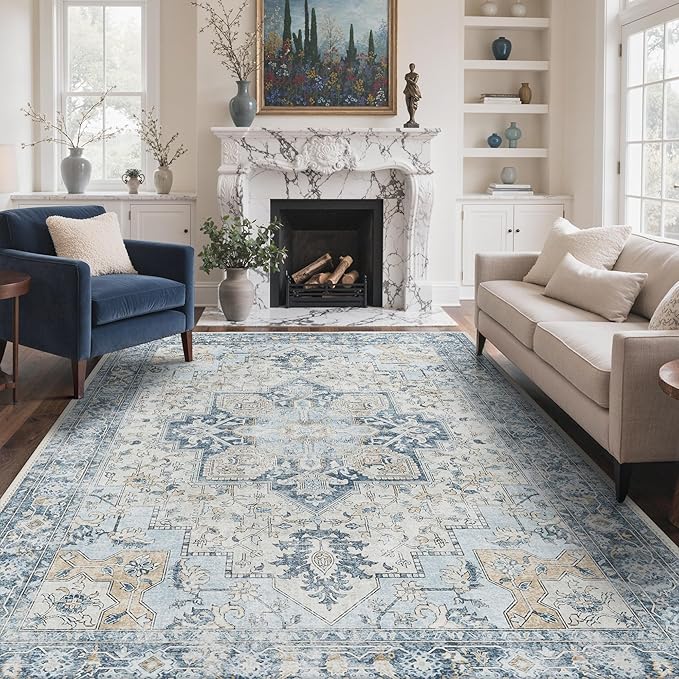 GENIMO 7'6''x9'6'' Area Rugs for Living Room, Machine Washable Non Slip Vintage Rugs, Low Pile Lightweight Chenille Print Rug for Bedroom, Dining Room, Home Office, Blue