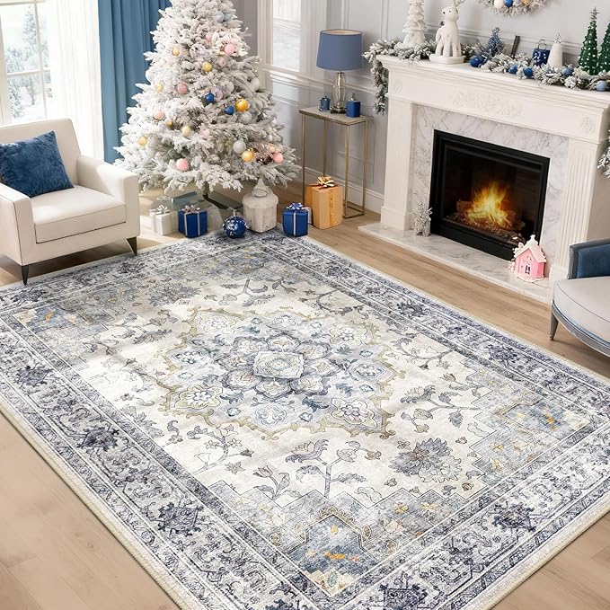 CAPALOCA Machine Washable Rugs Nursery Rug 3x5 Cute Girl Non Slip Low Pile Water Repellent Soft Print Pattern for Bedroom Indoor Decor Kids Playroom Blue White