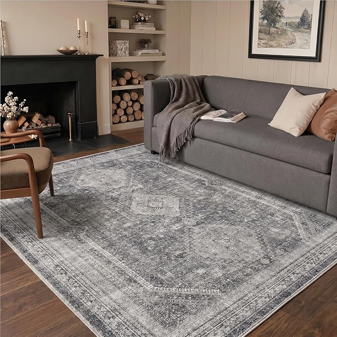 GENIMO 8x10 Area Rugs for Living Room, Machine Washable Non Slip Rugs, Low Pile Lightweight Print Rug for Bedroom, Dining Room, Home Office, Vintage Grey