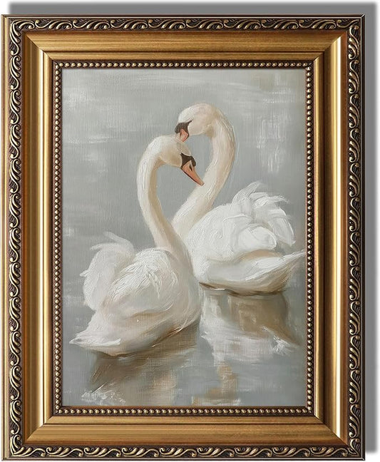 KBKBART Vintage Framed Wall Art for Living Room, Farmhouse White Swan Vintage Painting Canvas Wall Art Prints for Bathroom Wall De cor, Classical Gold Framed Animal Vintage Wall Decor Aesthetic for Bedroom Nursery Wall Decor, 9”x12“