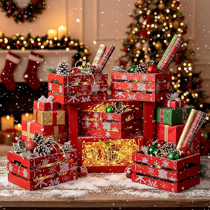 AceOrbit 12 Pcs Winter Wooden Gift Boxes 5 Inch Red Snowflakes Storage Basket Set with 12 Holly Bows and 12 Clear Gift Bags Small Decorative Nesting Organizer Boxes for Winter Craft Xmas Candy