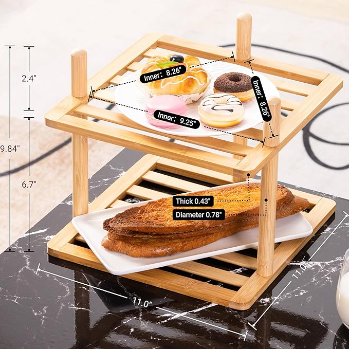 2-Tier Expandable Bamboo Corner Shelf - Dish/Plate Organizer for Cabinet, Kitchen Counter Shelf & Small Kitchen Shelf, Adjustable (2, Natural, 6.7" H-Large)